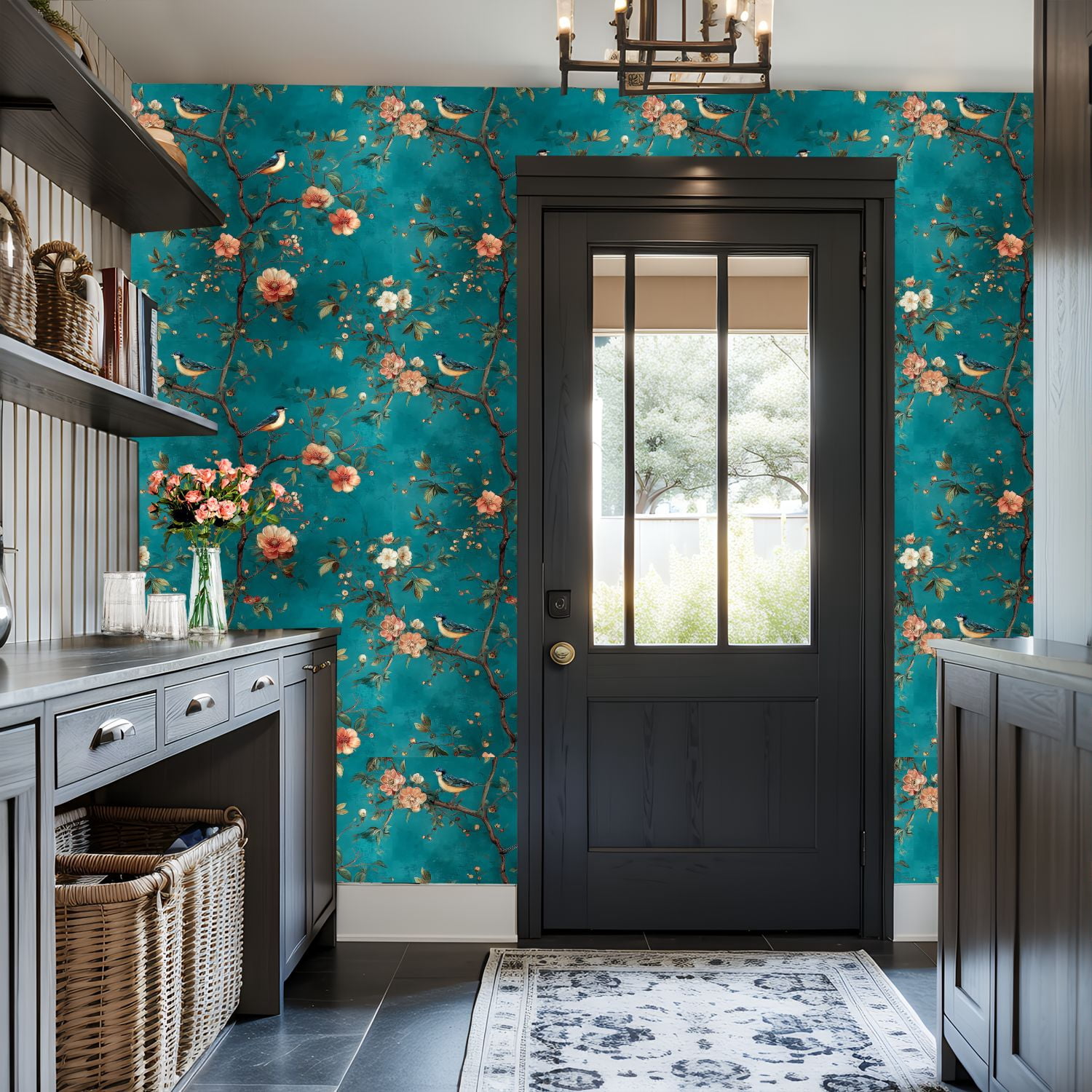 Peel and Stick Wallpaper Bluebirds Floral Branches Teal Vintage Floral Wall Mural 17.7in x 9.8ft Self Adhesive Removable Wall Paper Renter Friendly Wallpaper for Nursery Bedroom Cabinets