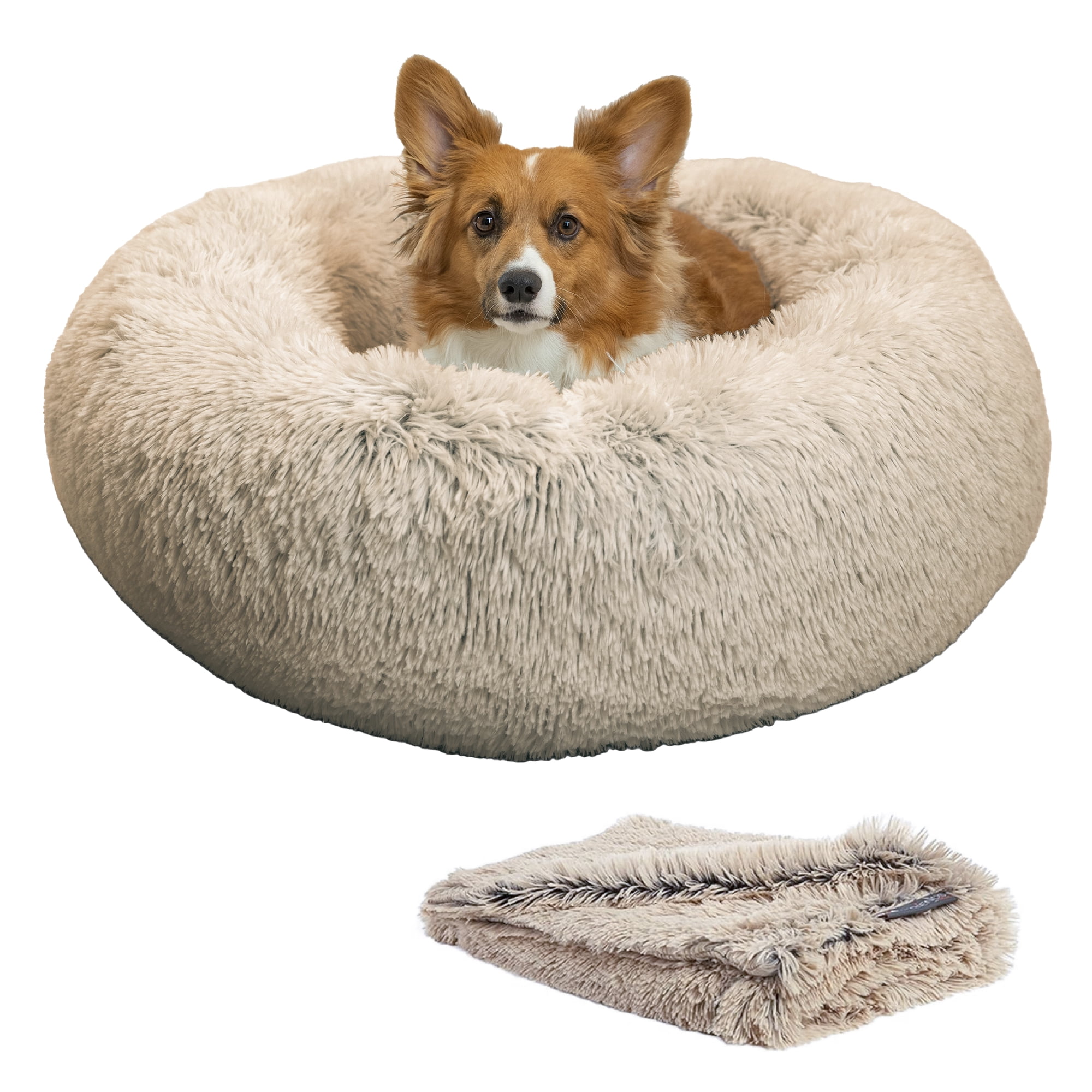 Best Friends by Sheri The Original Calming Donut Dog Bed & Blanket Bundle – Washable Plush Bed for Medium Breeds up to 45 lbs, Medium (30" x 30") + Throw (30" x 40"), Shag Faux Fur, Taupe