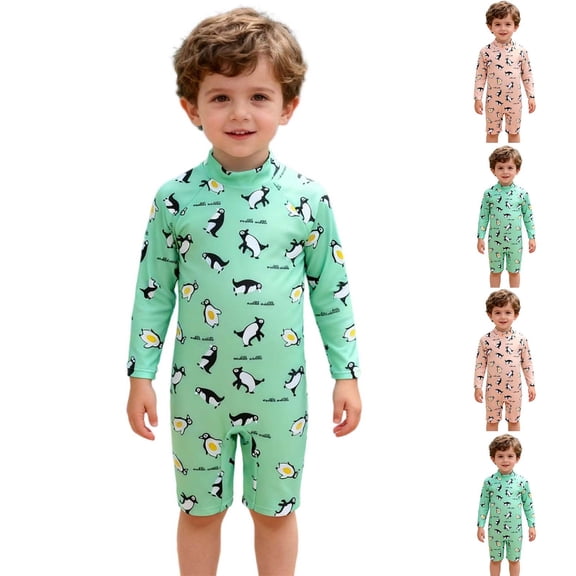 Einccm Toddler One Piece Swimsuit for Kids 0-4 Years, Long Sleeve Round Neck UV Protection Sunscreen Swimwear, Cute Penguin Print Summer Jumpsuit for Beach Pool Water Play