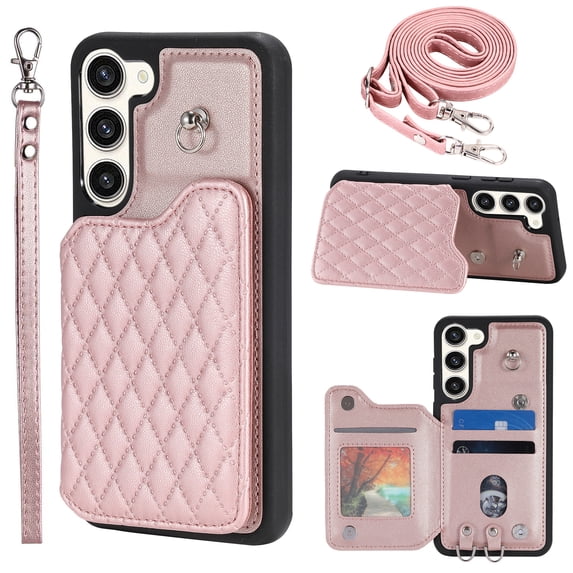 Elegant Crossbody Strap Wallet Case for Samsung Galaxy S23 with Card Holder, Shockproof Purse Magnetic Closure Phone Cover with Wrist Strap for Samsung Galaxy S23 - Rosegold