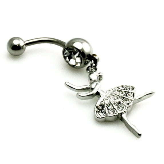 14g (1.6mm) Stainless Steel Dancing Ballerina CZ Dangle Dangle Belly Ring Navel Piercing Body Jewelry