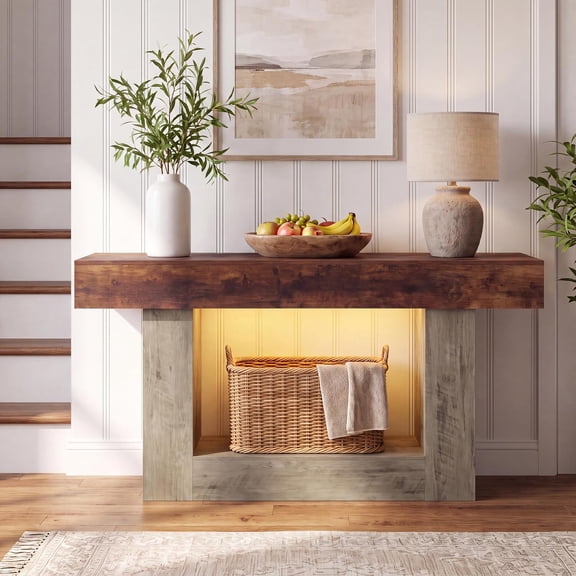 55” Entryway Table with Charging Station & LED Light, Narrow Sofa Table for Hallway Living Room, Modern Farmhouse Console Table with Storage Shelf, Brown and Gray