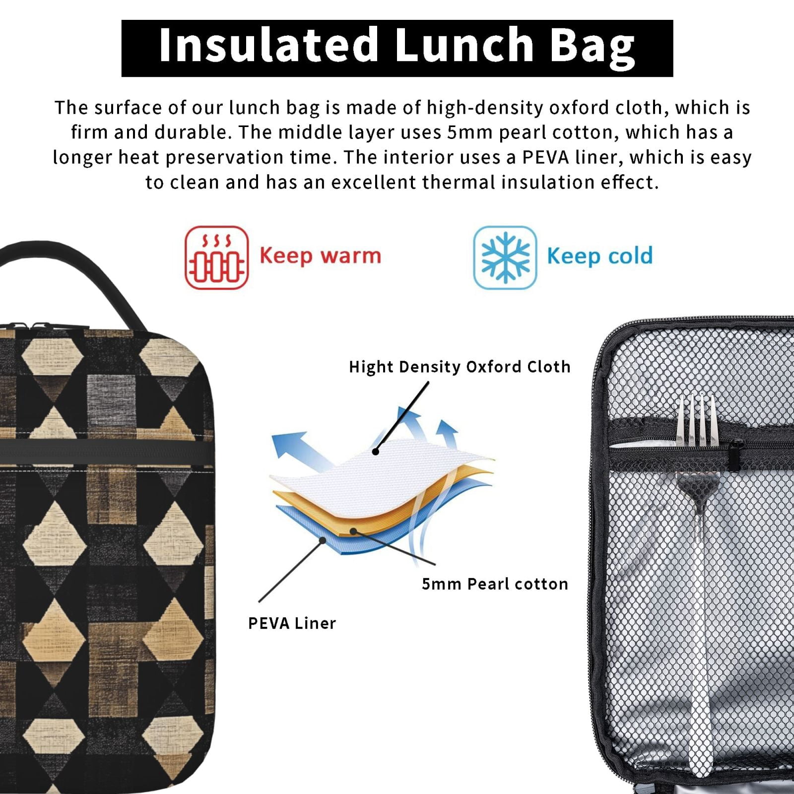 Lunch Bag For Women Men Insulated Portable Lunch Box Bento Box Office Picnic Travel Cooler Bag Darkvoilet Houndstooth Checkered_2