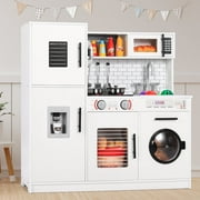 Arlopu Kids Kitchen Playset Wooden Toddler Pretend Kitchen Playset Cooking Toys with Lights & Sounds for Boys Girls Age 3+