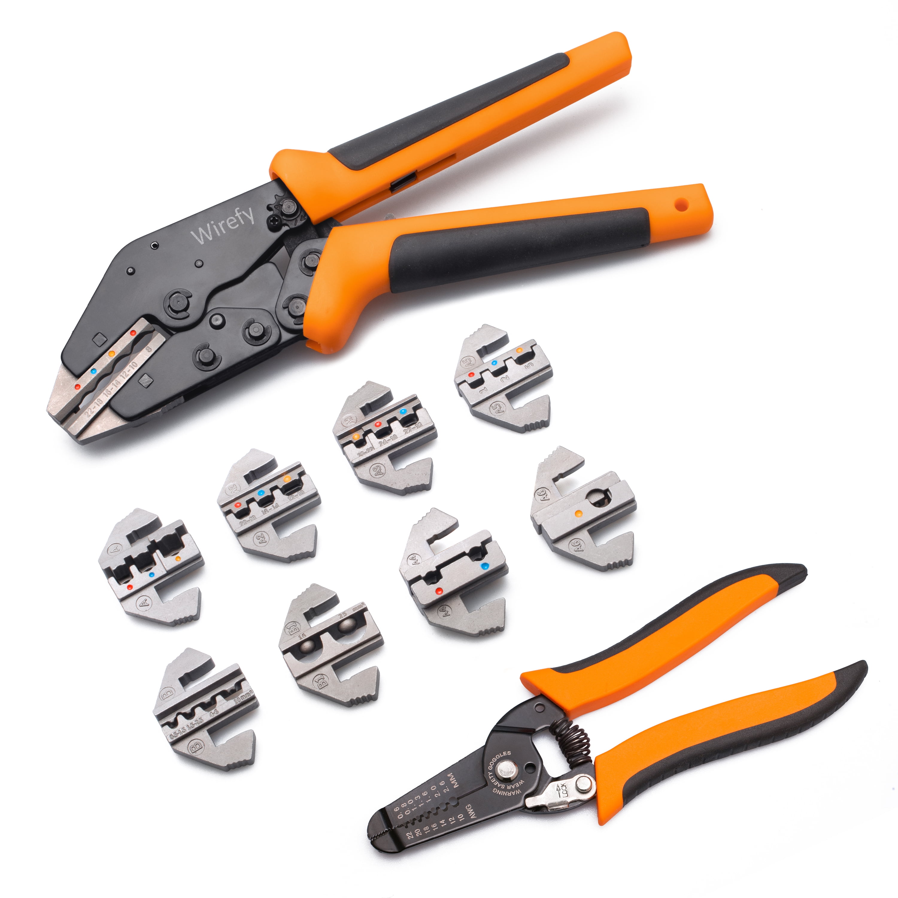 Wirefy High Leverage Wire Crimping Tool, Non-Insulated Nylon Connectors, 9", Set of 11
