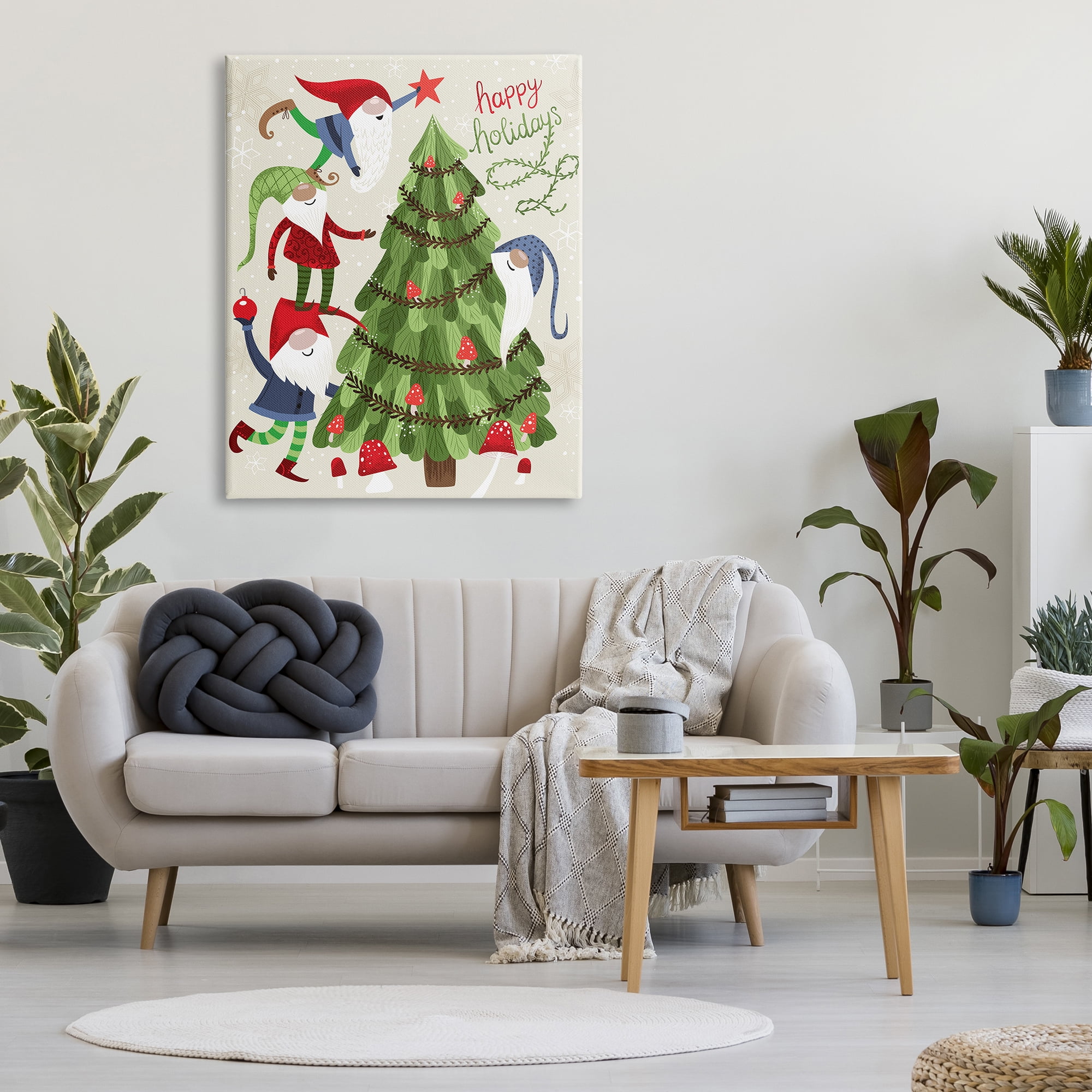 Stupell Industries Happy Holidays Christmas Gnomes Mushroom Forest Tree Fairy Tales & Fantasy Painting Gallery Wrapped Canvas Print Wall Art, 36 x 48