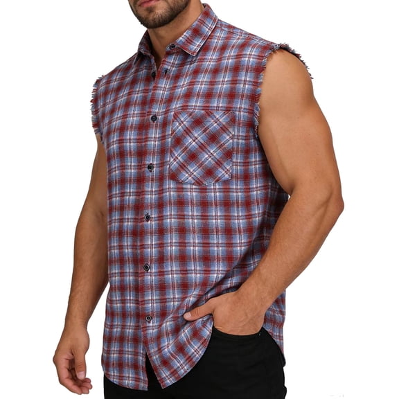 DPTALR Men's Frayed Edge Plaid Vest,Sleeveless Button Up Shirt with Chest Pocket,Purple,Big Men's,Tall Men's XL,Young Men's Tank Tops