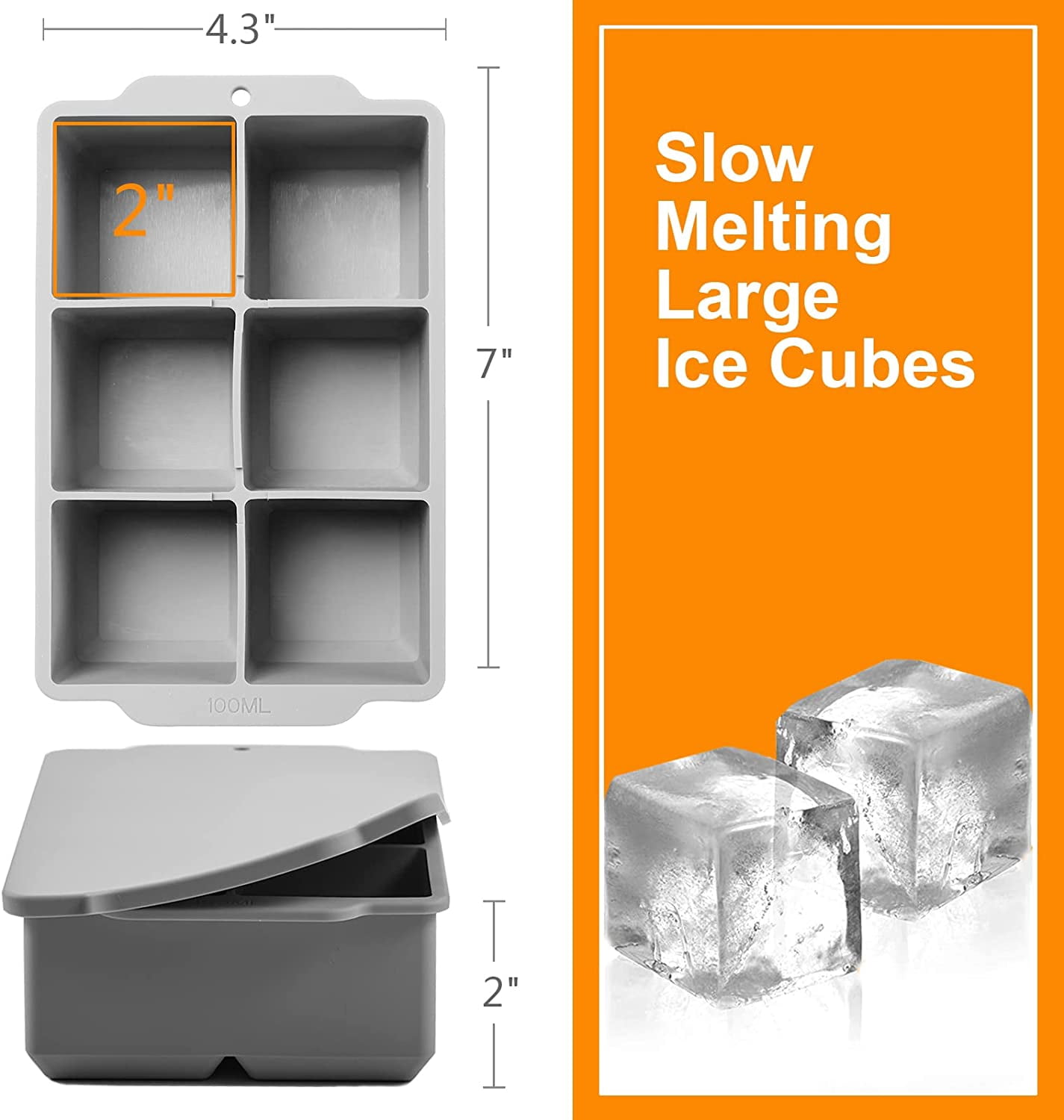 Large Ice Cube Tray with Lid Pack of 2, Stackable Big Silicone Square Ice Cube Mold for Whiskey Cocktails Bourbon Soups Frozen Treats, BPA Free