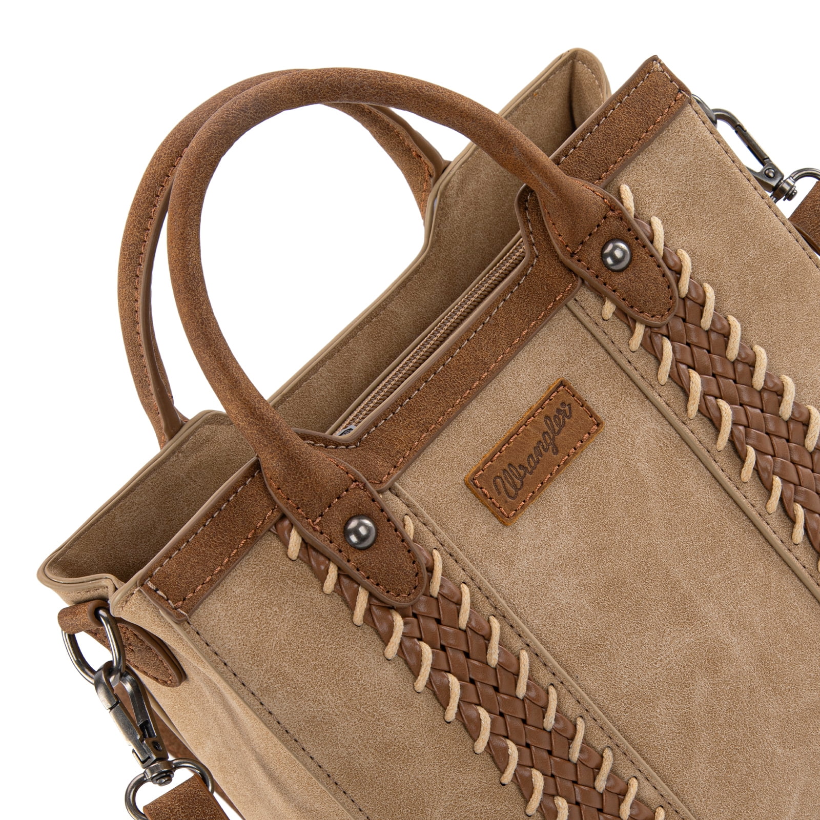 Wrangler Womens Braided Tote Bag Western Style Suede Top Handle Handbag With Detachable Crossbody Strap, Tan