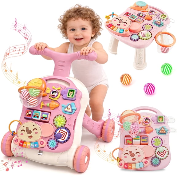 Caunedy 3 in 1 Baby Walker Activity Center, Sit to Stand Learning Toy with Music Panel, Early Learning Gifts for Infant 12 Months