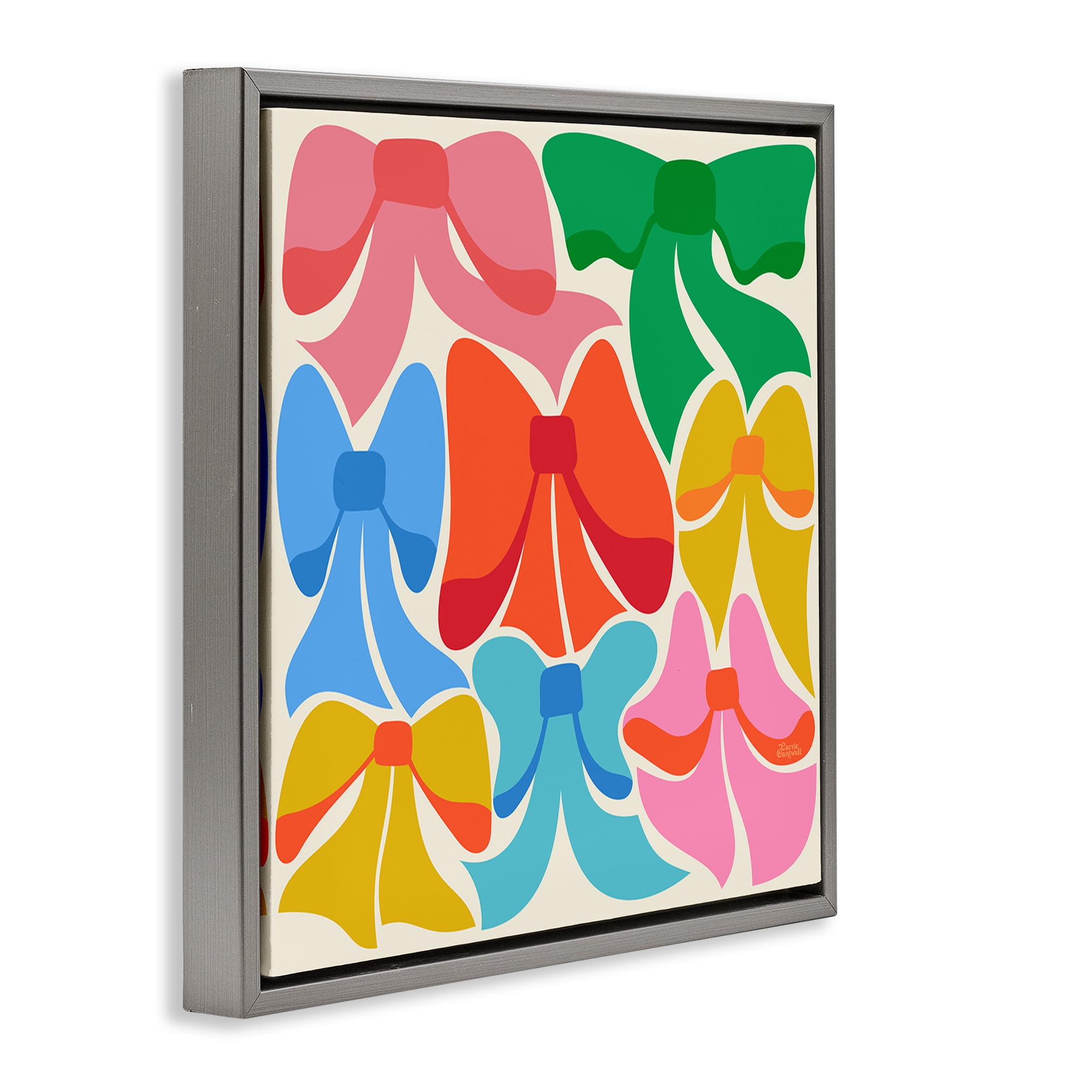 Stupell Industries Rainbow Bows Ribbon Shapes Fashion Painting Gray Floater Framed Canvas Art Print Wall Art, 18 x 18