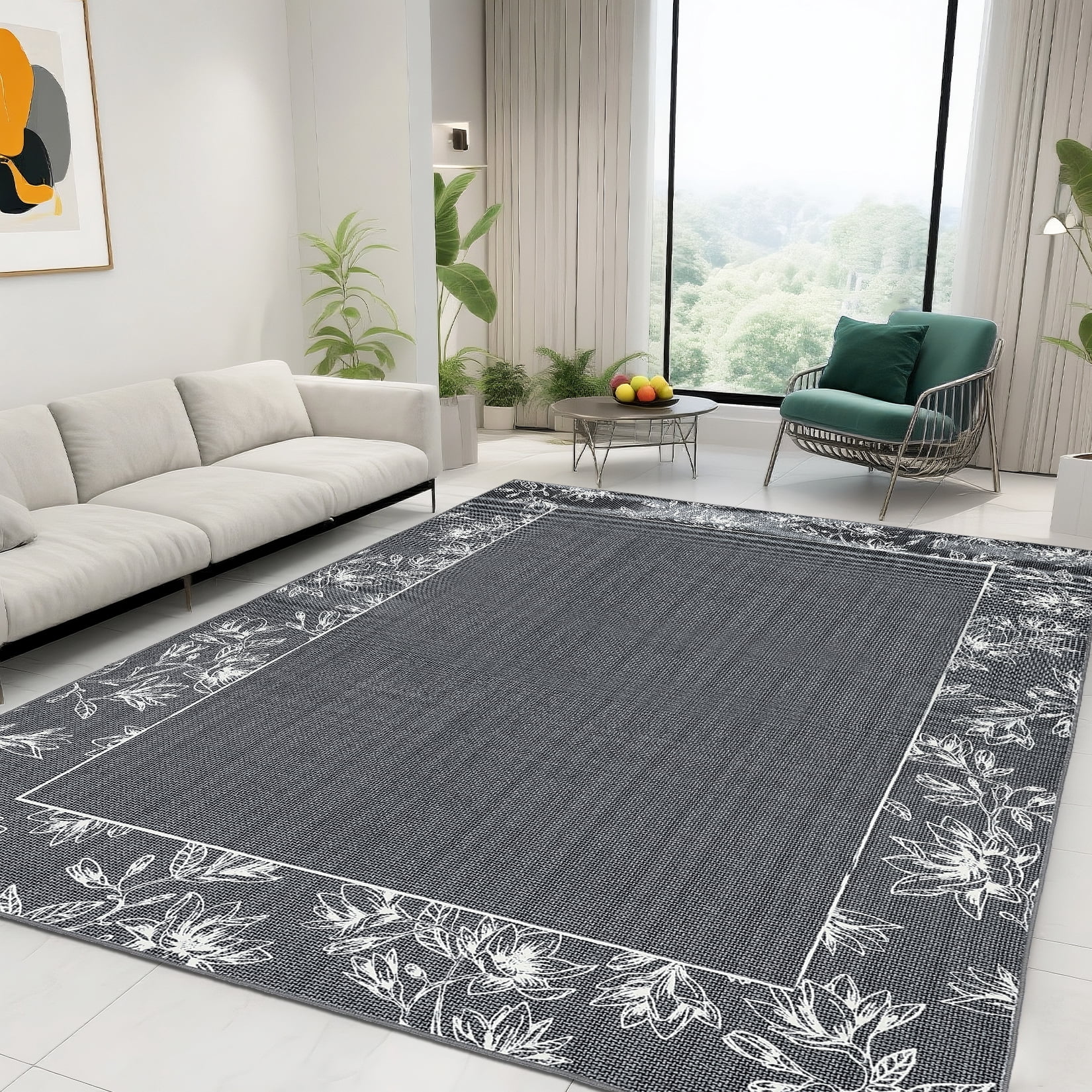 Garvee 9'x12' Solid Floral Area Rugs Modern Bordered Washable Rugs, Soft Non Slip Carpet Low Pile Rug for Living Room Bedroom Home Decor, Dark Gray