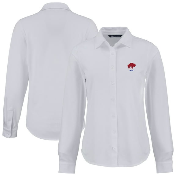 Women's Cutter & Buck White Buffalo Bills  Advantage Eco Soft Pique Tri-Blend Long Sleeve Button-Up Shirt