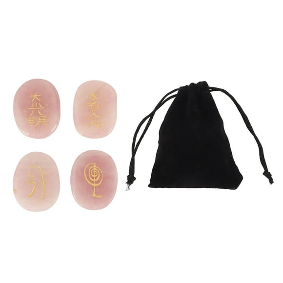 4Pcs Natural Rune Stones with Engraved Reiki Symbols Flat Oval Meditation Rune Stones with Storage Pouch Rose Quartz