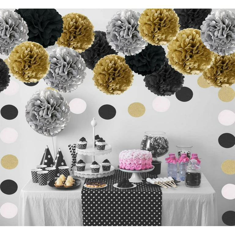 NICROLANDEE Black and Gold Party Decorations Black Gold Tissue Paper Pom Poms Flowers Hanging Paper Lanterns Star Garland Tassel