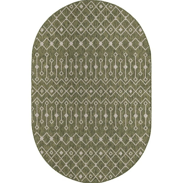 Unique Loom Outdoor Trellis Geometric Rug 5' 3 x 8' Oval Green/Ivory
