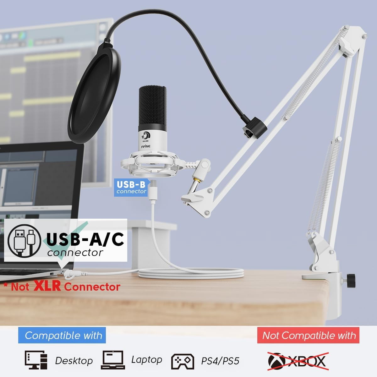 FIFINE T669 USB Studio Microphone Kit for PC Computer, Podcasting Microphone with Boom Arm Stand, Gain Control for Gaming, Streaming, Recording, White