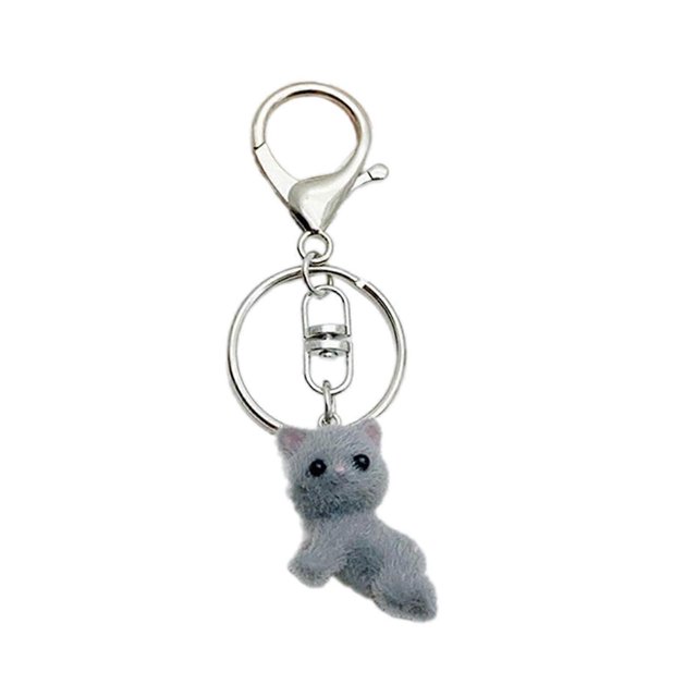 Cat Shaped Keyring Cartoon Animal Bag Pendant Flocking Keychain Soft Phone Charm Women Girls Backpack Key Decoration White