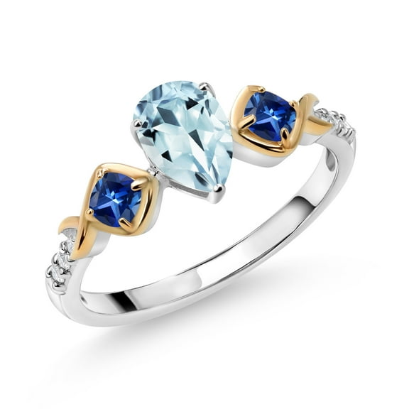Gem Stone King 0.96 Ct Sky Blue Aquamarine Blue Created Sapphire 925 Silver and 10K Yellow Gold Ring (Size 6)