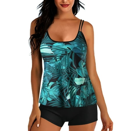Giftesty Swim Suits for Women 2024 Swimsuits for Women Two Piece Bathing Suits Floral Print Tank Tops with Boyshorts Swimming Suits Green S