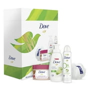 ($20 Value) Dove Skincare Holiday Gift Set (Cucumber and Green Tea Body Wash, Body Polish, Deo Spray with Bonus Pouf) 4 Ct