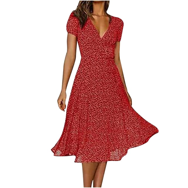 Qucoqpe - Vestidos de verano para mujer, vestido rojo fluido, sexy, con escote en V, estampado floral de lunares blancos, para invitadas de boda, vestido midi de talla grande, vestido de fiesta