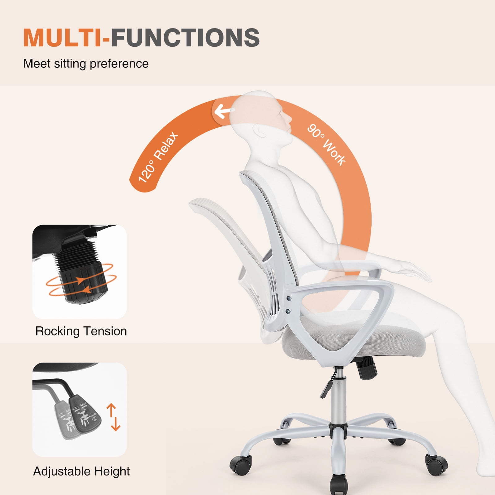 LIFERECORD Office Desk Chair Mesh Ergonomic Computer Gaming Chair Mid Back Chair with Comfy Lumbar Support Adjustable Height Swivel for Home Task, Grey