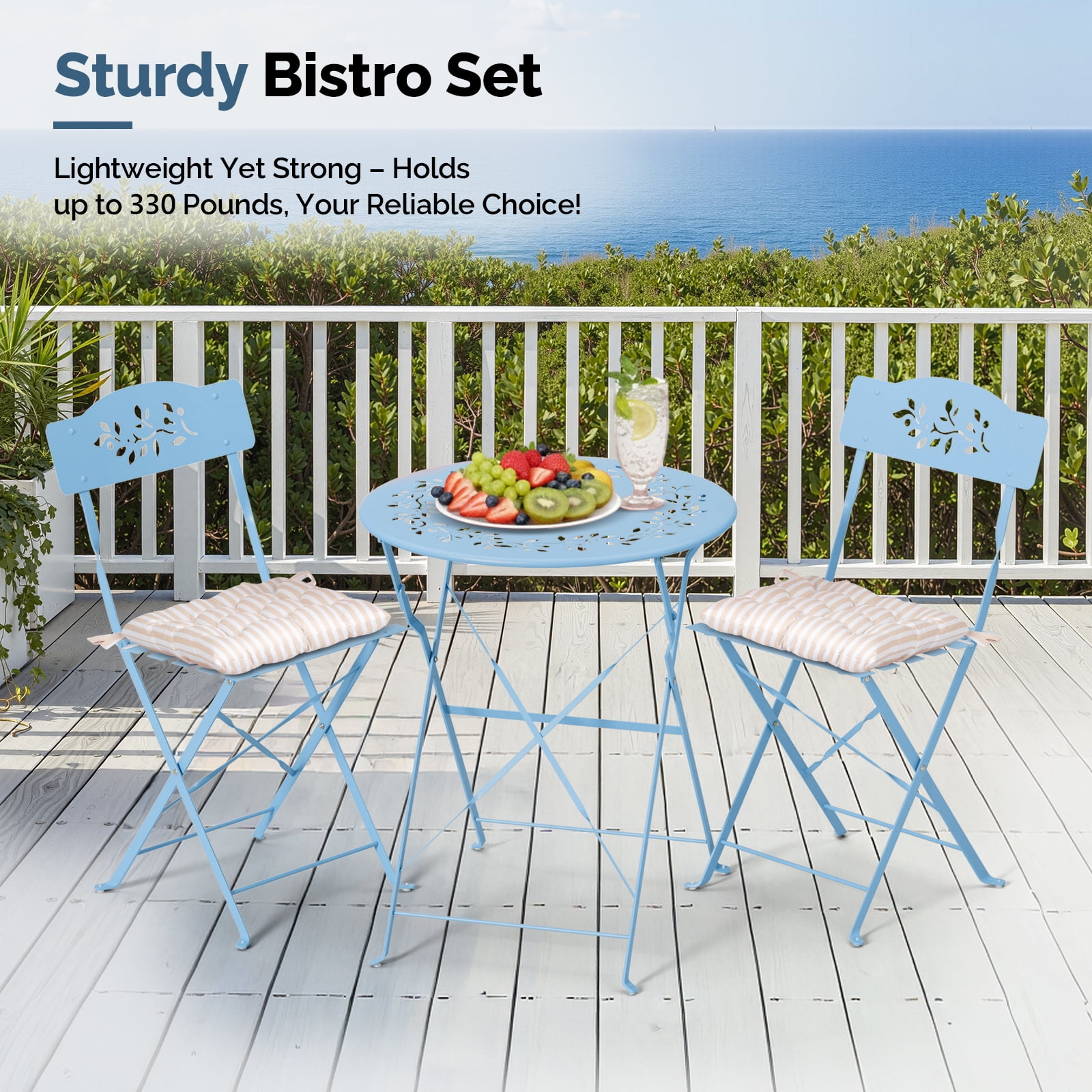 Ktaxon Outdoor 3-Piece Folding Bistro Set with Cushion, Small Metal Patio Seating Furniture Set - Blue