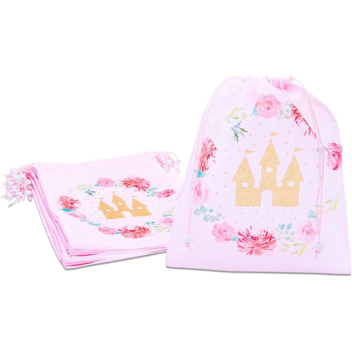 12 Pack Small Pink Princess Drawstring Gift Bags for Kids Girls Birthday Party Supplies Favor, 10 x 12 in