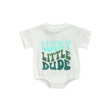 

Newborn Baby Girl Boy St Patricks Day Romper Short Sleeve Clover Printed Jumpsuit Infant Spring Bodysuit