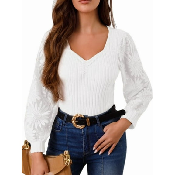 Women'S Long Sleeve Shirts Lace Floral Tops Casual Knit Sweetheart Neckline Blouses Dressy Elegant Tunic Shirts White L