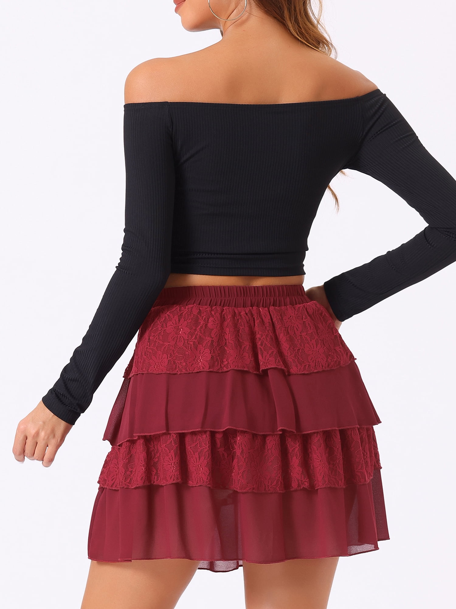 DARING DIVA Women's Ruffled A-Line Lace Mini 2026 Tiered Skirt Large Wine Red