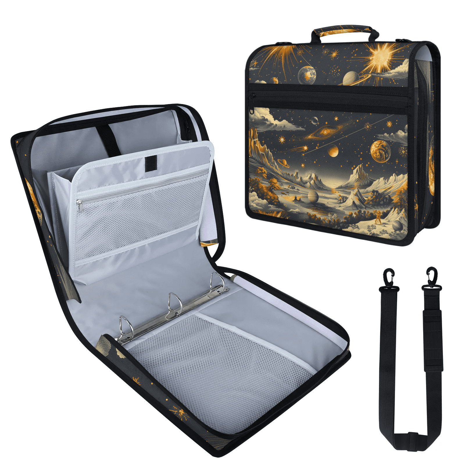 Herdesigns Galaxy Star Zipper Binder 1.5 Inch 3 D-Rings with Shoulder Strap & Handle, Waterproof Outer Space Binder Organizer Bag for 13 Inch Laptop