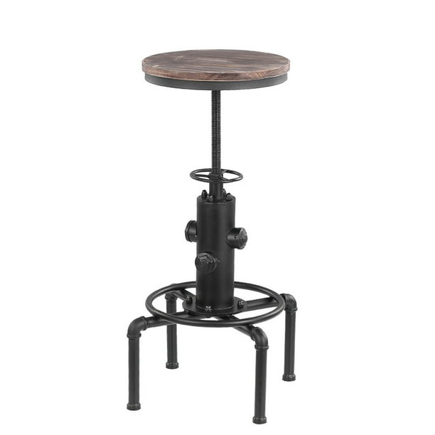 Silla alta estilo industrial retro FS-11 con asiento de madera natural y estructura metálica duradera, ajustable en altura y con soporte para pies. Perfecta para bares, cocinas o decoración moderna.