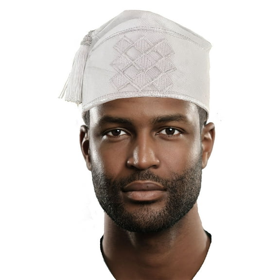White Embroidered African Hand woven Aso Oke Hat with tassels