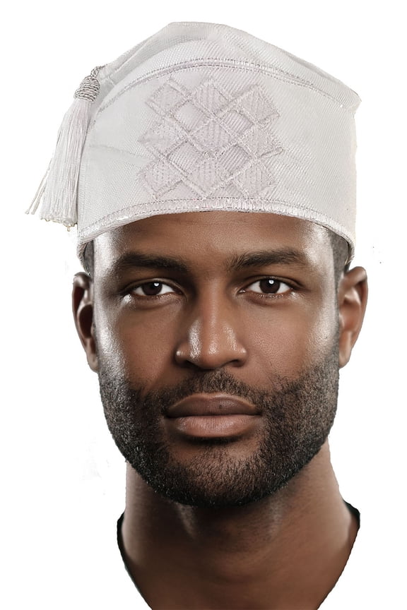 White Embroidered African Hand woven Aso Oke Hat with tassels