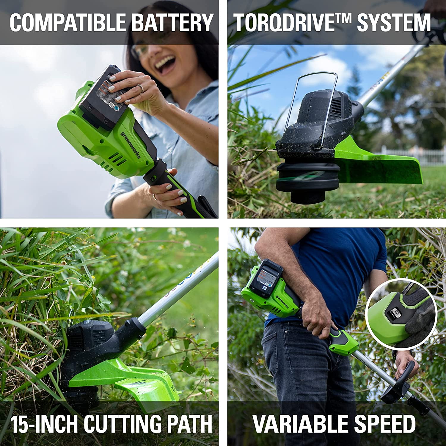 Greenworks 48V (24V x 2) 15" Cordless String Trimmer + (2) 2Ah USB Batteries & Dual Port Rapid Charger