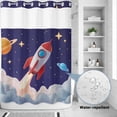 thumbnail image 4 of No Hook Shower Curtain with Built-in Rings - Cartoon Navy Blue Space Washable Waterproof Fabric Bathroom Curtains for Hotel,Rentals, 72 X 84 Inch Extra Long , Red 3D Rocket Yellow Stars, 4 of 9