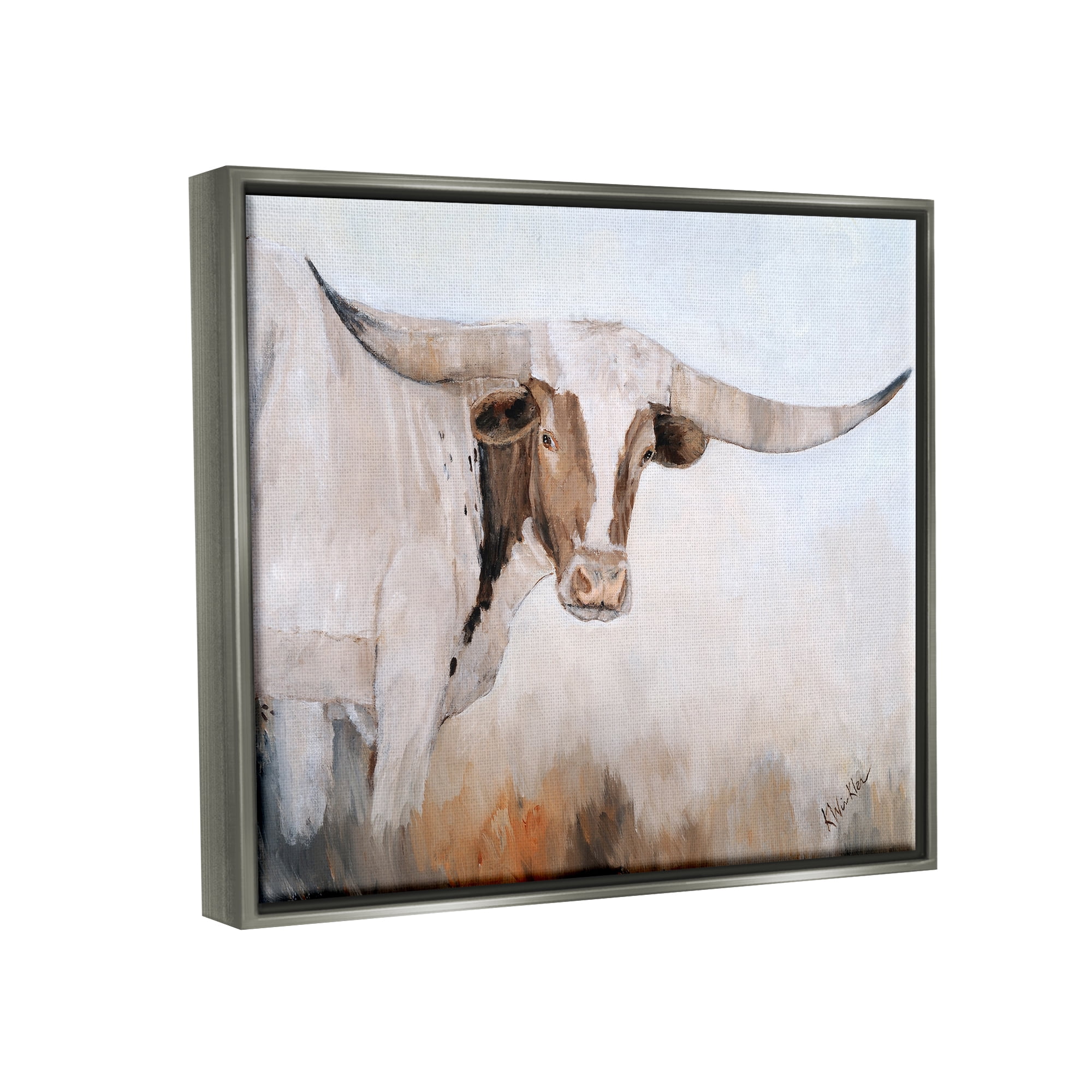 Stupell Farmhouse Cattle Longhorn Painting Animals & Insects Painting Gray Floater Framed Art Print Wall Art