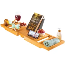 Luxury Bamboo Bathtub Tray Caddy - Expandable and Foldable Nonslip Bath Caddy with Book/Tablet and Wine Glass Holder - Gift for Her or Him by Bambüsi