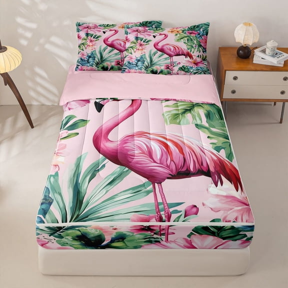 jejeloiu Soft Flamingo Flowers Zipper Twin Comforter Sets with Fitted Sheet and 2 Pillowcases Kids,Tropical Botanical Leaves Zipper Bedding Set For Girls,Reversible,4-Piece
