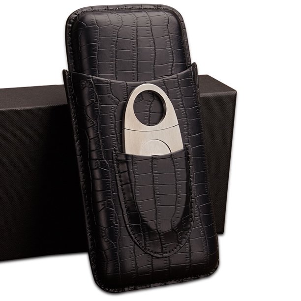 Estuche para cigarros, estuche para cigarros de viaje con forro de madera de cedro, accesorios para humidificador, caja para cigarros de 3 dedos con cortador de cigarros de acero inoxidable (negro) JAMW Sencillez