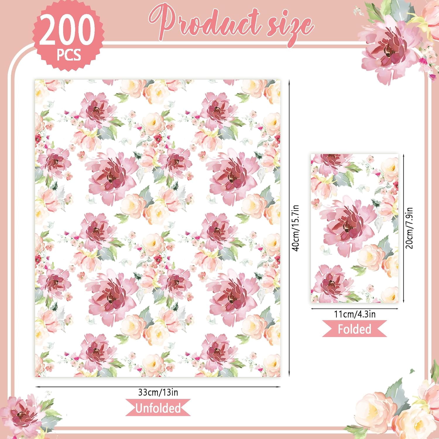 50 PCS Floral Paper Napkins Watercolor Flower Guest Napkins 3-Ply Disposable Dinner Napkins Decorative Paper Hand Towels for Wedding Bridal Baby Shower Tea Party Birthday, 4.3 x 7.9 Inch