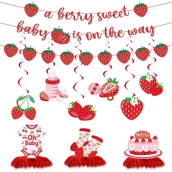 Berry Sweet Baby Shower Decorations - 12 Pcs A Berry Sweet Baby is On The Way Banner Strawberry Garland Hanging Swirls Honeycomb Centerpiece for Strawberry Themed Welcome Gender Reveal Party Supplies