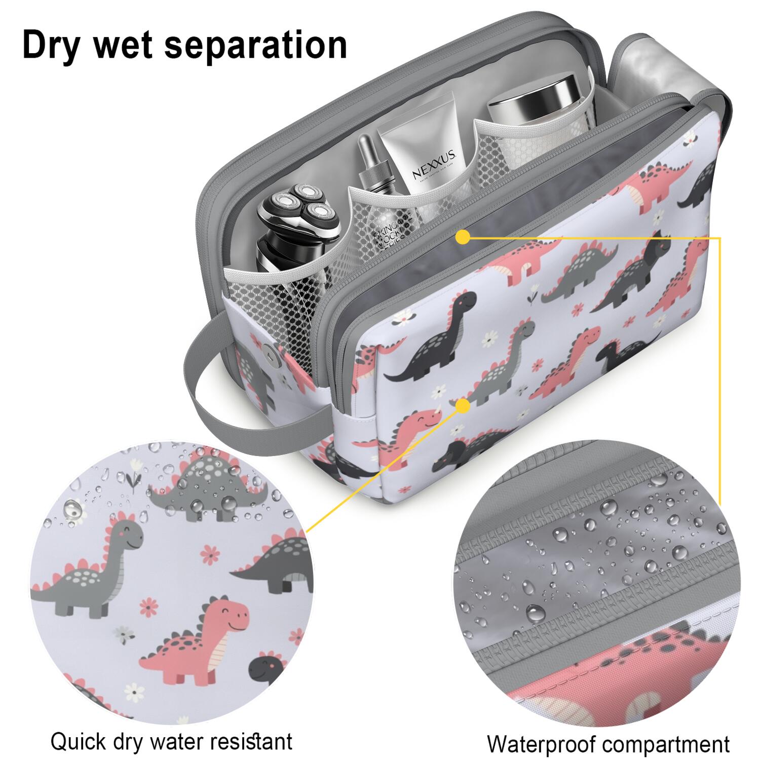 Toiletries Bag,Cartoon Dinosaurs Flowers Pattern Mens Womens Toiletry Bag Bathroom Bag,Waterproof Toiletry Travel Bag Dopp Kit Shaving Bag 11x6.3x5.1 Inch