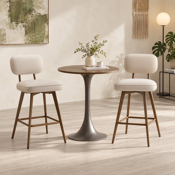 Nidovia 360 Swivel Bar Stools Set of 2, 25" Counter Height Barstools with Back, Modern Retro Upholstered Faux Leather Island Chairs for Kitchen Dining Room, Heavy-Duty Metal Frame, Beige