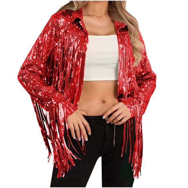 Veste pour Femme, Veste Mode Décontractée à Paillettes avec Franges