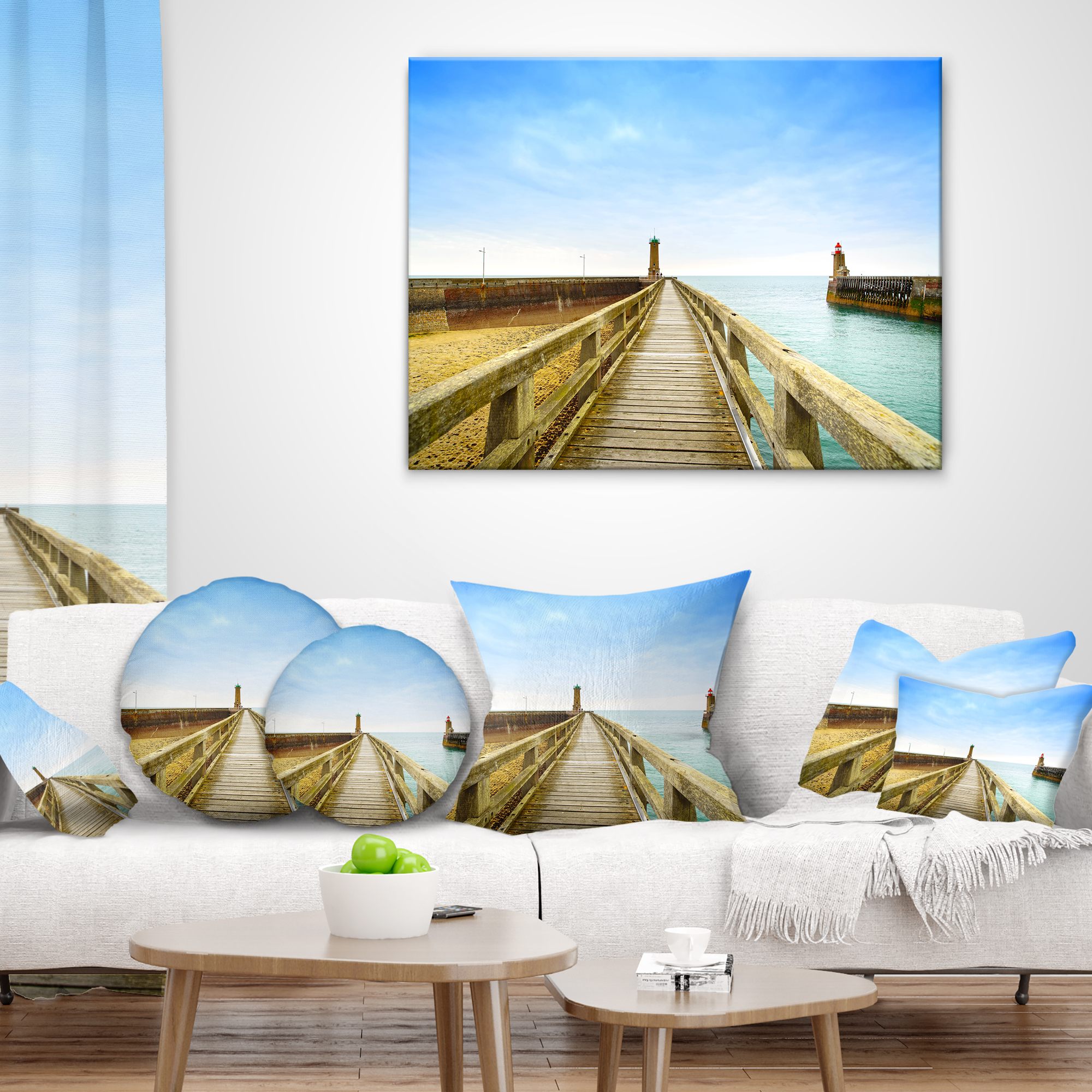 Designart Pier and Lighthouse France - Seascape Throw Pillow - 12x20