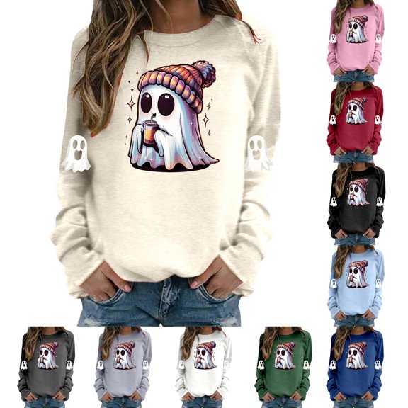 WEIWEN Halloween Sweatshirts for Women Cute Ghost Drinking Coffee Sweaters Pumpkin Printed Fall Outfits for Women Long Sleeve Shirts Women's Clothing Womens Tops Red, S