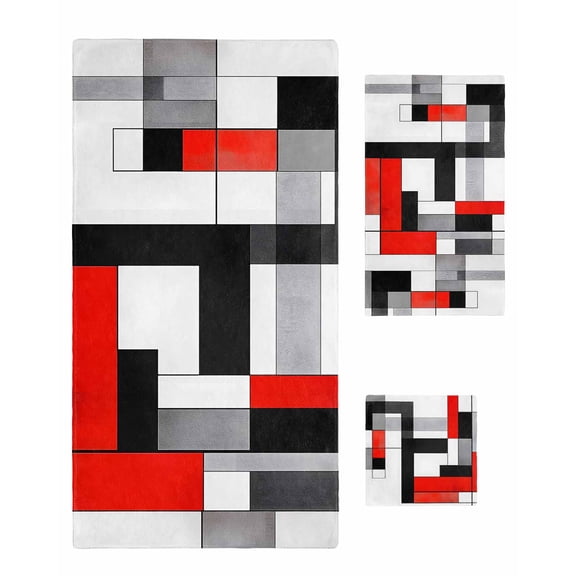 Red Black Towel Set of 3, Soft Microfiber Bath Towels, Hand Towel, Washcloths, Abstract Geometric Grey White Middle Century Quick-Dry Absorbent Towels for Bathroom Kitchen Hotel Beach Gym Spa